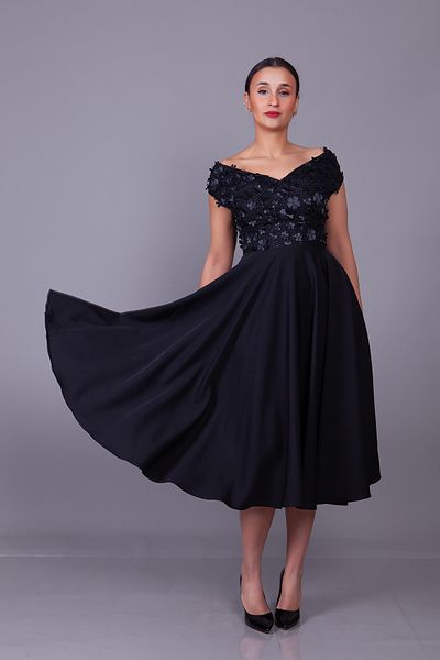 Bidoluelbise Black Boat Neck Floral Tulle Detail Midi Length Evening Dress