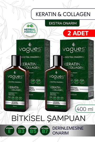 Vagues Premium Care Keratin Collagen Extra Repair Anti-Hair Loss Fast Growth Effective Herbal Shampoo 2 Pcs