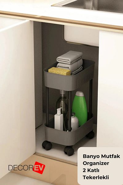 decorev 2 Tier Organizer Shelf - Bathroom and Kitchen Organizer (with Wheels) Anthracite