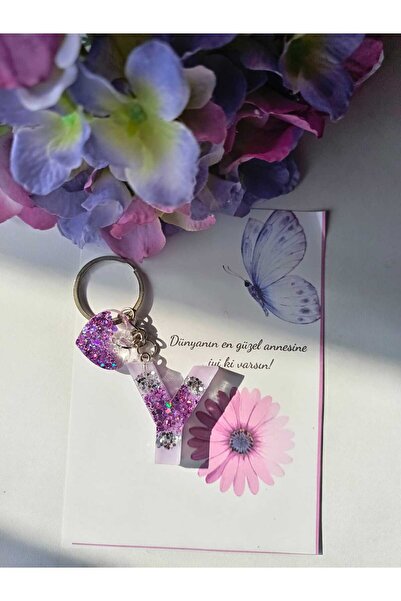 demirbasavm سلسلة مفاتيح إيبكسي مصنوعة يدويًا على شكل حرف Y لعيد الأم