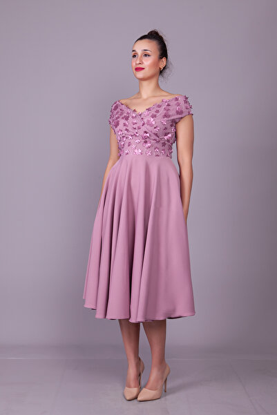 Bidoluelbise Koyu Gül Kayık Yaka Çiçekli Tül Detay Midi Boy Abiye Elbise