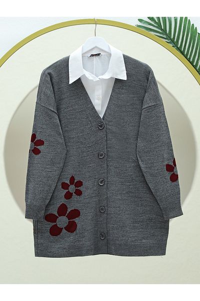 Modamorfo Gray Daisy Patterned Buttoned Cardigan