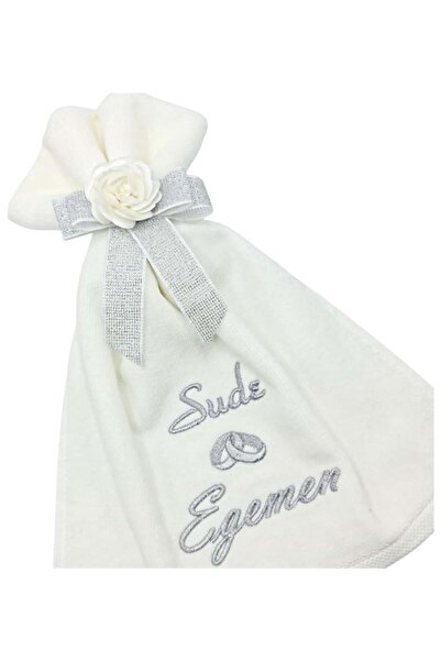 Atölye Müge İsimli Yüzük Desenli Ekru Kadife Gelin Alayı Havlusu 30x50 cm
