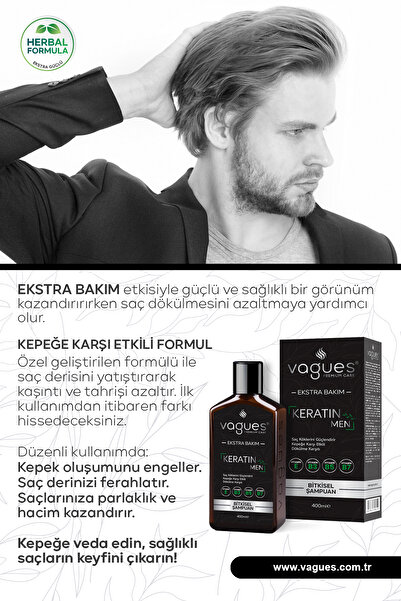 Vagues Premium Care Keratin Men Erkeklere Özel Kepek Karşıtı, Dökülme Karşıtı Hızlı Uzama Etkili Bitkisel Şampuan 2 adet