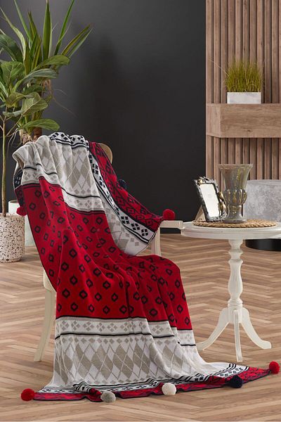 DOUX HOME Red Diamond Knitwear with Tv Blanket - 10 Pompoms 130X170