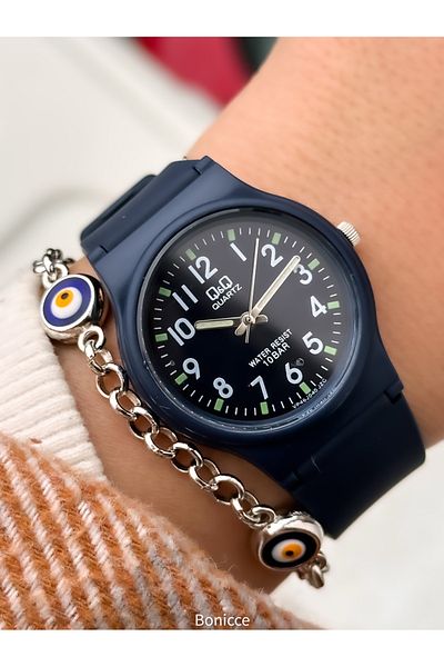 Q&Q Brand Navy Blue Color Silicone Cord Small Case Numeral Wrist Watch+Bracelet