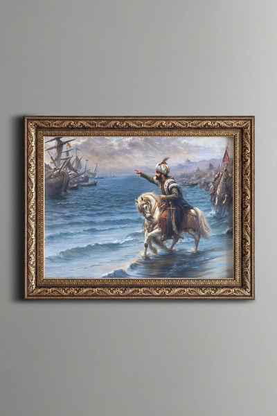 epiqart Fatih Sultan Mehmet Atını Denize Sürerken - Vintage Desenli Çerçeve