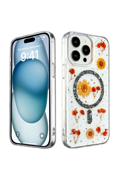 OSG iPhone 16 Pro Max Uyumlu Magsafe Destekli Kurutulmuş Çiçek Desenli Şeffaf...