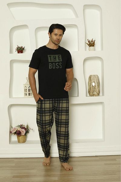 Pijamoni Single Jersey under Fabric Plaid Print Short Sleeve Men's Pajamas Set-6610