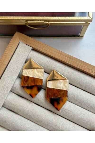 ZRN AKSESUAR GEOMETRİK ŞEKİLLİ KAHVE TONLARI VE LEOPAR KARIŞIMLI 14 K ŞIK KÜPE