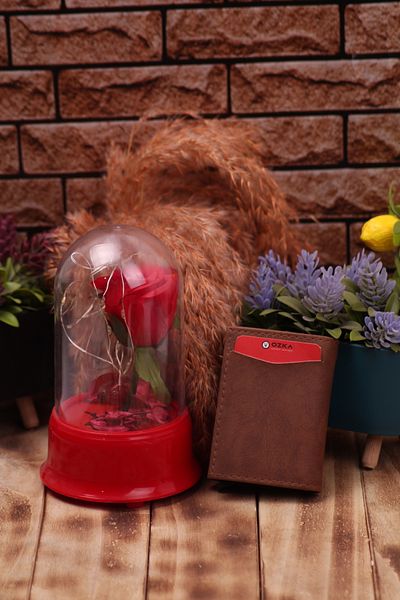 Ozka Leather Collection Tan Faux Leather Ανδρικός Μηχανισμός Vegan Leather Card Holder Πορτοφόλι - Δώρο τριαντάφυλλο