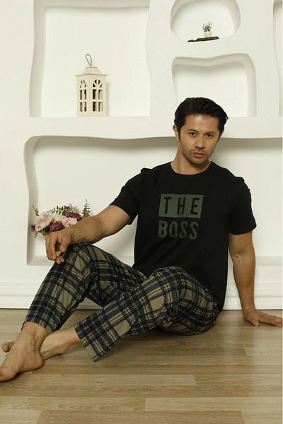 Pijamoni Single Jersey under Fabric Plaid Print Short Sleeve Men's Pajamas Set-6610