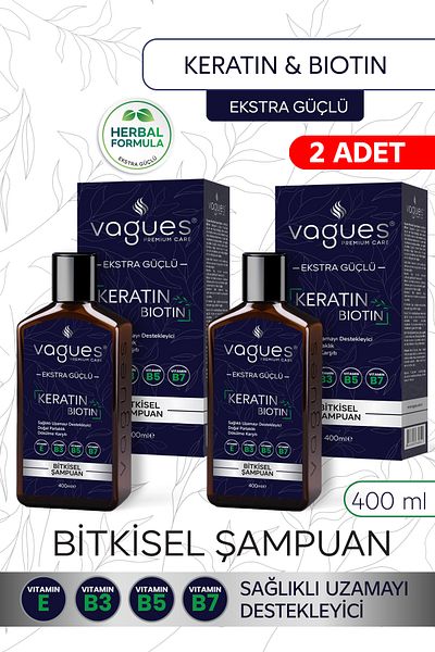 Vagues Premium Care Keratin Biotin Anti-Hair Loss, Fast Growth Effective Herbal Shampoo 10 Plants 4 Vitamins 2Pcs