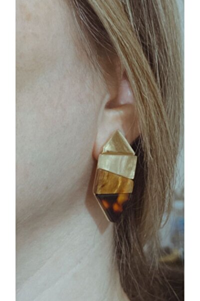 ZRN AKSESUAR GEOMETRİK ŞEKİLLİ KAHVE TONLARI VE LEOPAR KARIŞIMLI 14 K ŞIK KÜPE