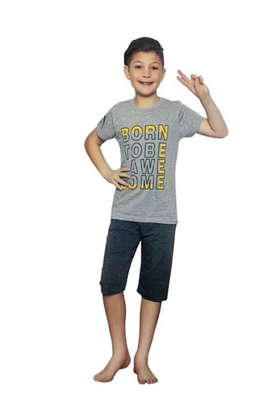 ÇİTO KİDS Boy's 100% Cotton Gray Lycra Short Sleeve Crew Neck Capri Pajama Set
