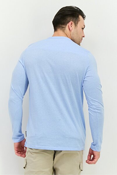 French Connection Men Crew Neck Long Sleeves Brand Logo Front Pocket T-Shirt, Sky Blue