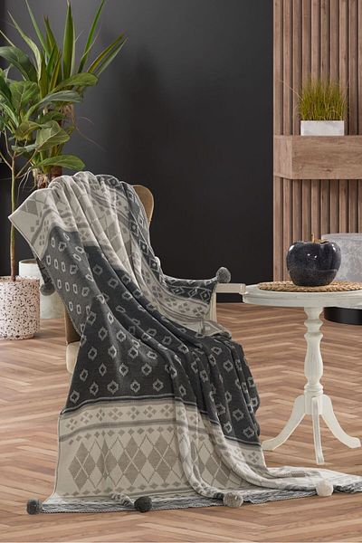 DOUX HOME Baklava Knitwear Knitted Tv Blanket10 Pompon 130 X 170 (Anthracite)