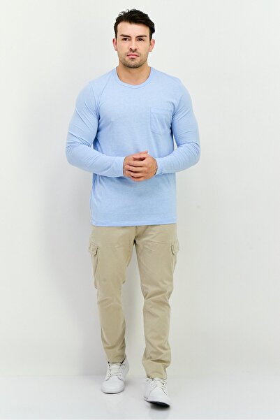 French Connection Men Crew Neck Long Sleeves Brand Logo Front Pocket T-Shirt, Sky Blue