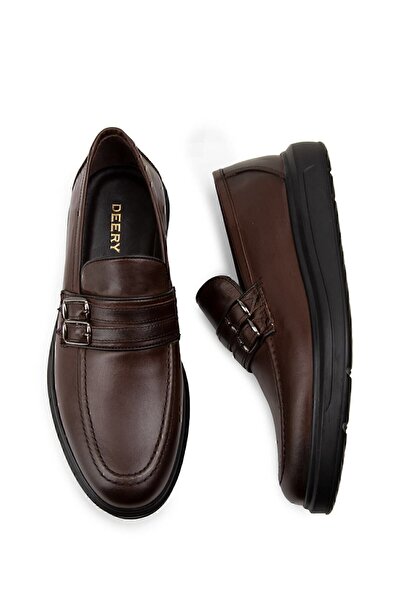 Deery Мъжки мокасини с кафява и двойна катарама от естествена кожа