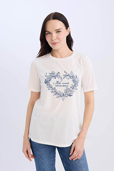 DeFacto Bedrucktes Kurzarm-T-Shirt mit normaler Passform und Rundhalsausschni...