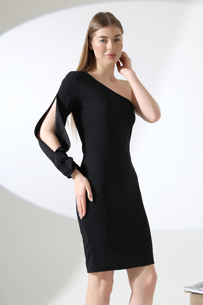 Planet Prestige Siyah Tek Omuz Kesik Kollu Siyah Scuba Krep Elbise