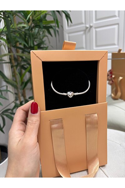 Silver 925 Ayar Gümüş Sade Kalpli Charm Kadın Bileklik / Kutulu Gönderim