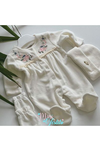 MiniVestito Catalina Hydrangea Embroidered Apple Stone 100% Cotton Hat and Gloves Overalls