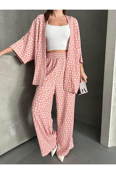 FERZOLAİO Pink Kimono Double Set with Mini Hearts