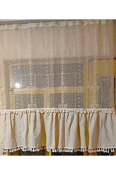 TUNCAY TEKSTİL Curtain with Macrame Tulle Linen Pompom