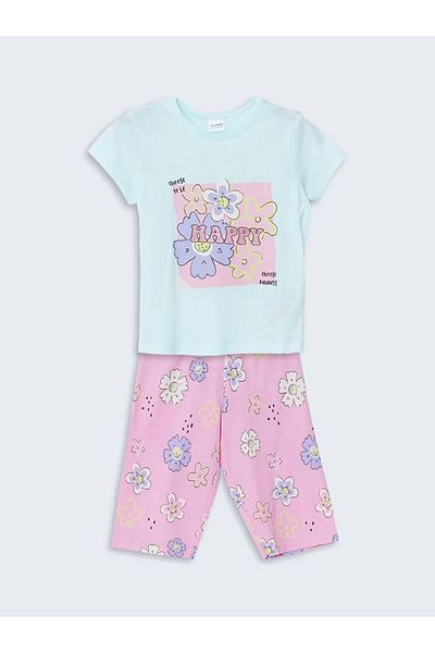 LC Waikiki Set de pijamale pentru fete cu imprimeu turcoaz pentru copii LCW