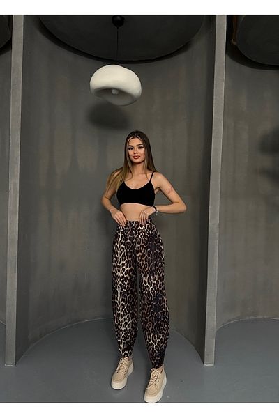 MevaMoss Leopard Pattern Scuba Crepe Fabric Baggy Model Balloon Trousers
