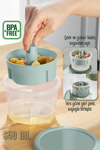 Vienev Mint Colored Multi-Purpose Presenter Olive Pickled Cheese Storage Container with Strainer