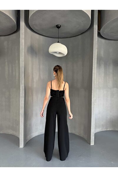 MevaMoss Kadın Yandan Fermuarlı Bol Paça Palazzo Pantolon Mvms649621