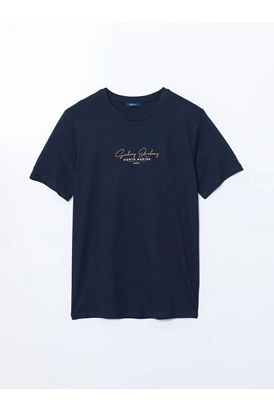 LC Waikiki Ανδρικό μπλουζάκι LCW ECO Navy Blue Crew με κοντό μανίκι με στάμπα από βαμβακερό χτενισμένο βαμβάκι