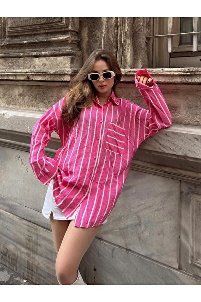 FERZOLAİO Asymmetrical Pocket Striped Fuchsia Shirt (up to XXL)