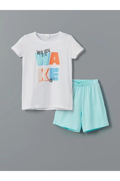 LC Waikiki Set de pijamale pentru fete LCW ECO Blue Crew Guler cu pantaloni scurți