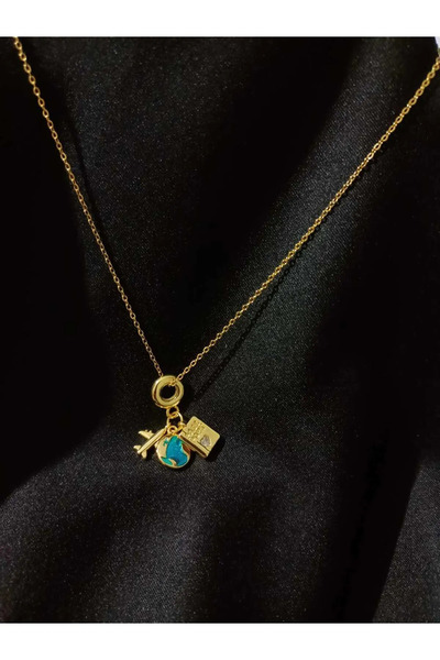 Vioma Aksesuar Çelik Uçak Dünya Pasaport Charmlı Kolye