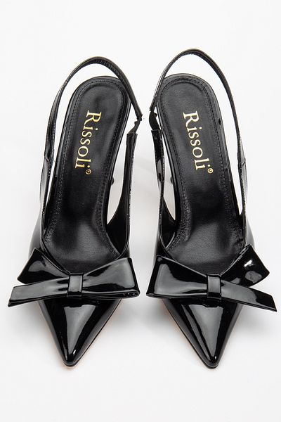 RİSSOLİ Rissoli Rochie de seară confortabilă de zi cu zi, cu fundă, din piele neagră, cu fundă, cu tocuri stiletto