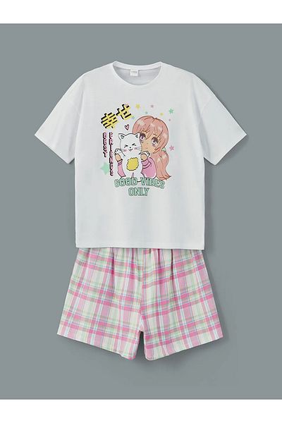 LC Waikiki Set de pijamale pentru fete LCW Kids, alb, cu decolteu, cu pantaloni scurți