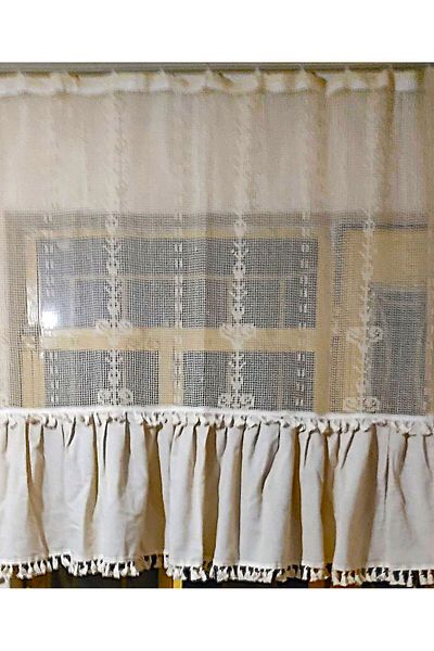 TUNCAY TEKSTİL Curtain with Macrame Tulle Linen Pompom