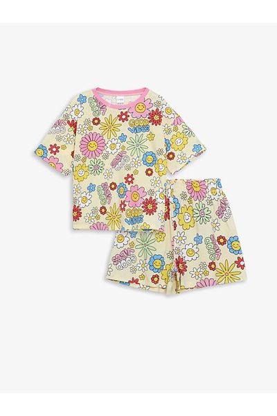 LC Waikiki Lcw Kids Yellow Crew Neck Floral Girls' Shorts Pajamas Set
