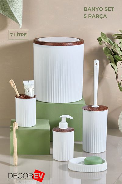 decorev Σετ μπάνιου 5 τεμαχίων Σετ κουβά τουαλέτας με λευκό ξύλινο σχέδιο