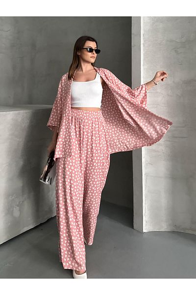 FERZOLAİO Pink Kimono Double Set with Mini Hearts