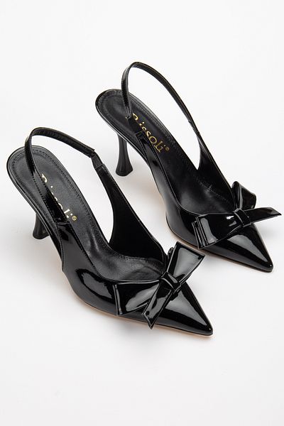 RİSSOLİ Rissoli Rochie de seară confortabilă de zi cu zi, cu fundă, din piele neagră, cu fundă, cu tocuri stiletto