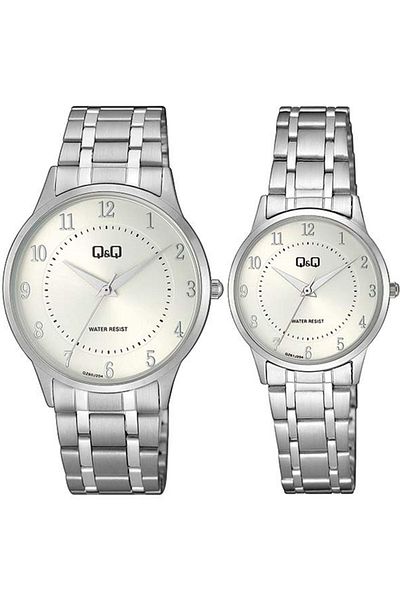 Q&Q Lover Couple Wristwatches with Silver Steel Band Numbers