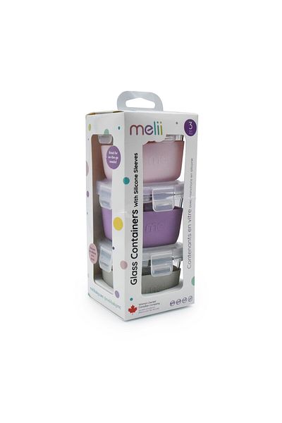 Melii SET OF 3 GLASS CONTAINERS 3 160ML WITH ANTI-SLIP SILICONE COVER MELII PINK PURPLE GREY