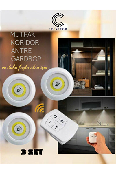 CREACTOR 3 lü Dekoratif Koridor Gardrop Antre Pilli Kumandalı Spot Led Işık Y...