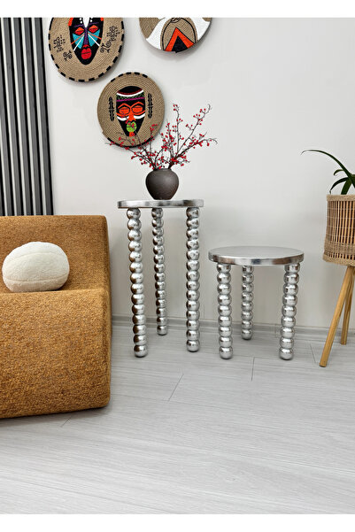 ASELYA HOME Ahşap 2’li Set Boncuk Ayaklı Yan Sehpa Modern Gümüş Renk Varak Je...