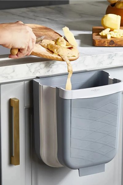 Melkan Home Κάδος απορριμμάτων κουζίνας κάτω από τον πάγκο με πτυσσόμενο λουρί - Κάδος απορριμμάτων ακορντεόν που μπορεί να αποκρατηθεί μέσα στο ντουλάπι |   Γκρι