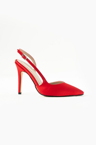 es exello Red Satin Shoes with Open Back High Thin Heels